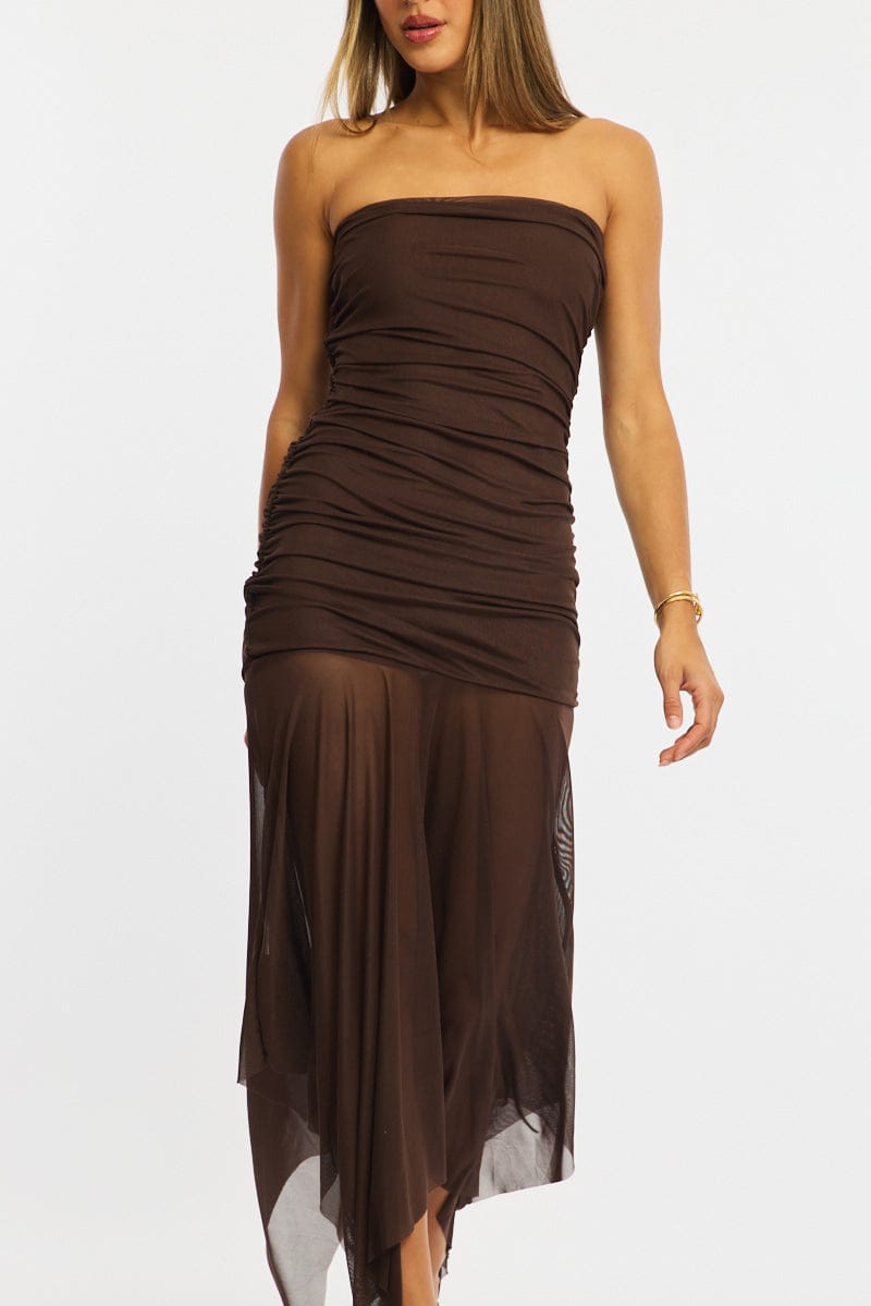 Brown Strapless Maxi Dress for Ally Fashion