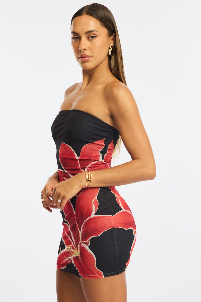 Black Floral Bodycon Dress Mini for Ally Fashion