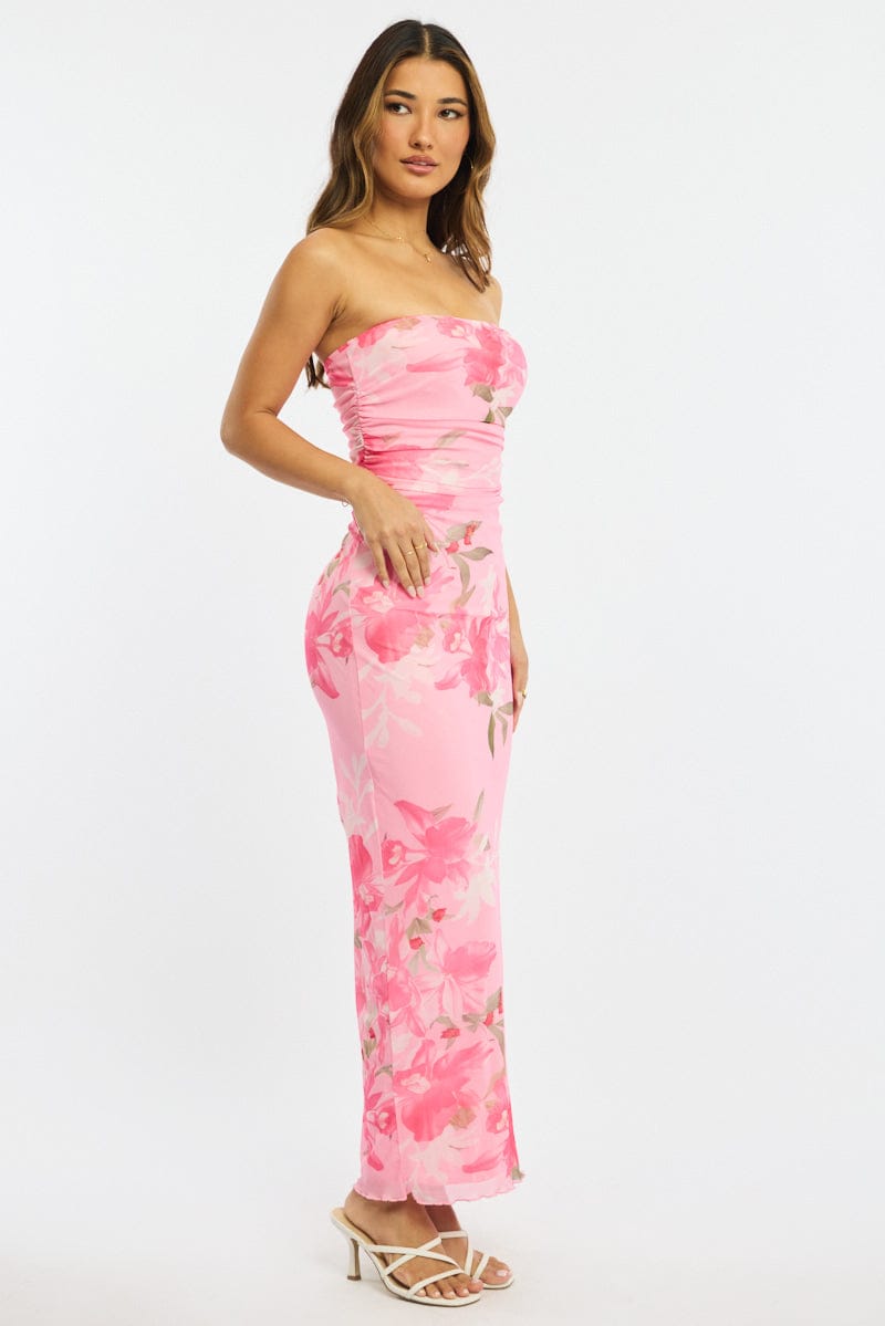 Pink Floral Strapless Maxi Dress for Ally Fashion