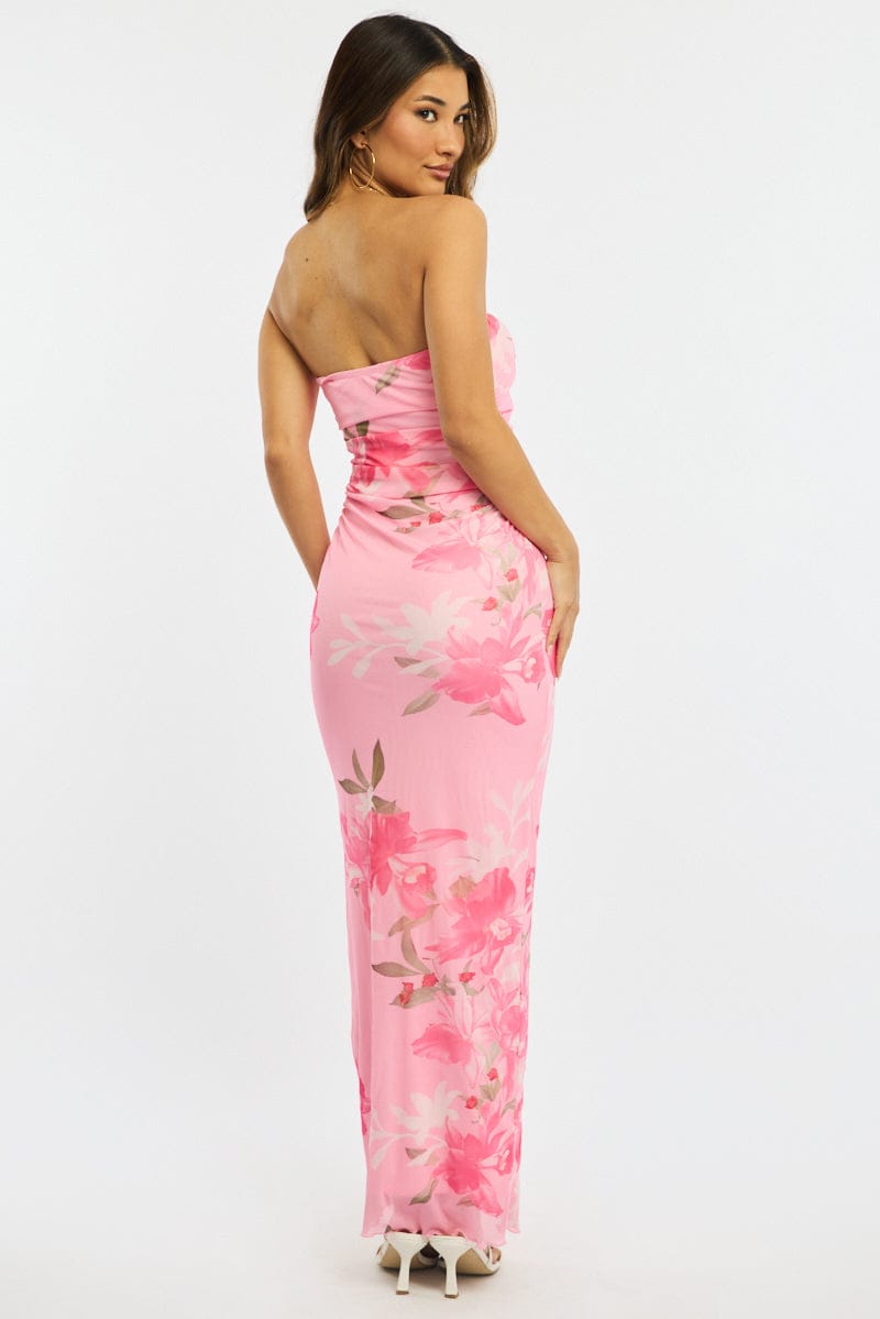 Pink Floral Strapless Maxi Dress for Ally Fashion