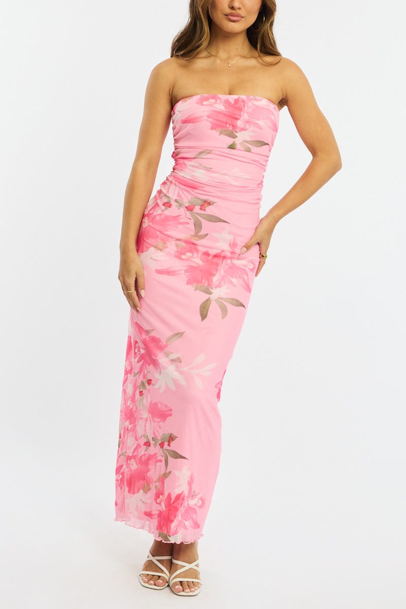 Pink Floral Strapless Maxi Dress for Ally Fashion