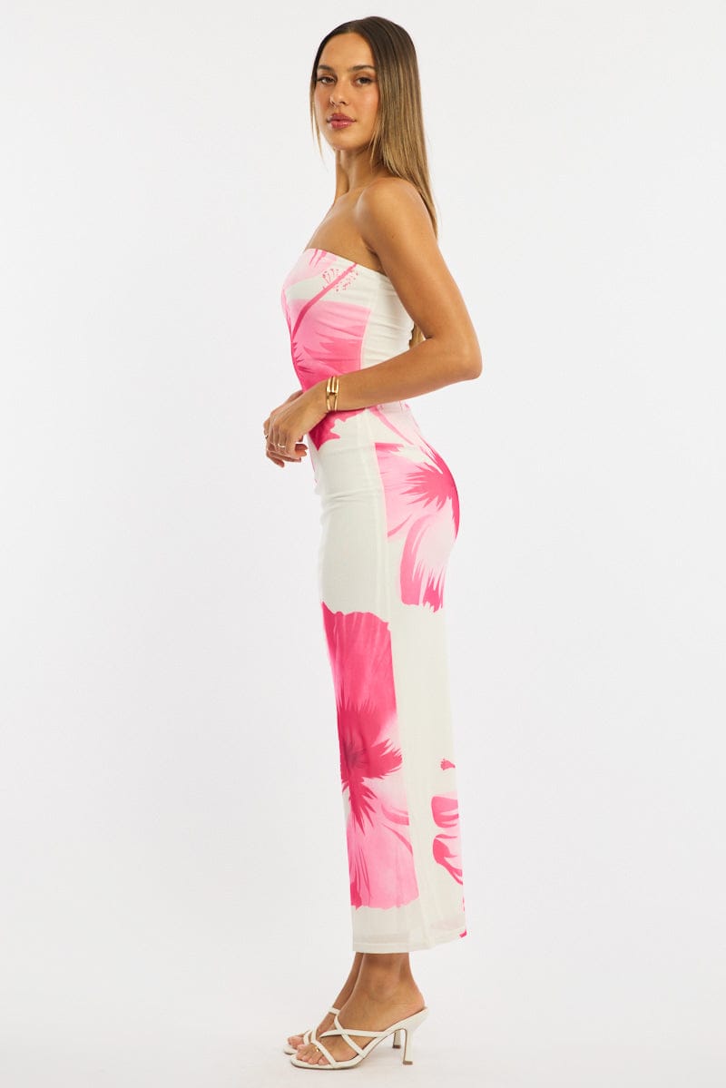 Pink Floral Strapless Maxi Dress for Ally Fashion