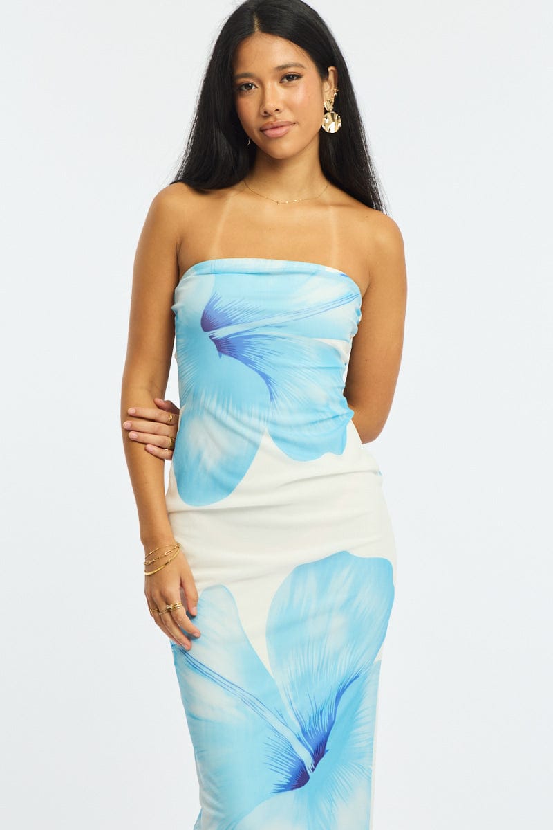 Blue Floral Strapless Maxi Dress for Ally Fashion