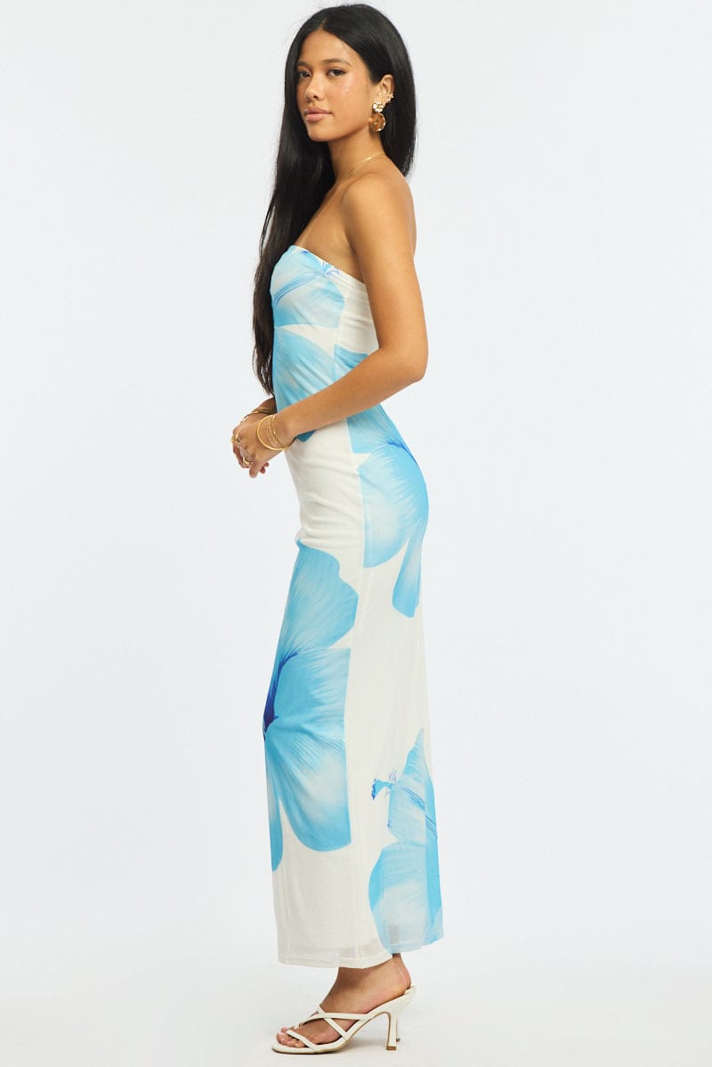 Blue Floral Strapless Maxi Dress for Ally Fashion