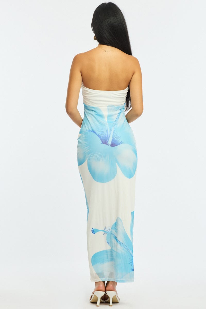 Blue Floral Strapless Maxi Dress for Ally Fashion
