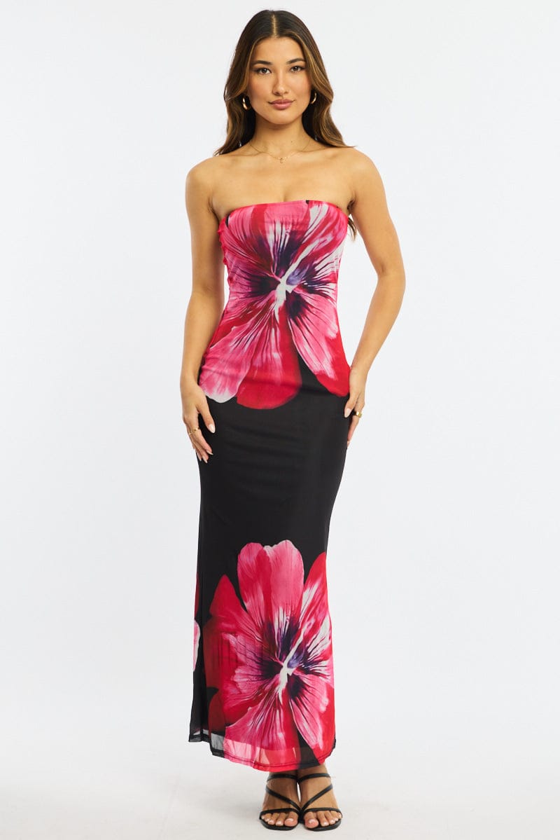 Black Floral Strapless Maxi Dress for Ally Fashion