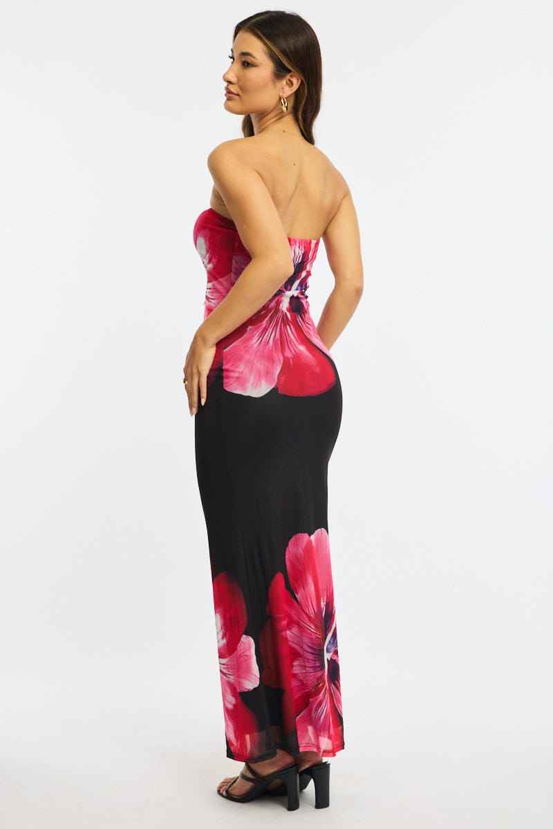 Black Floral Strapless Maxi Dress for Ally Fashion