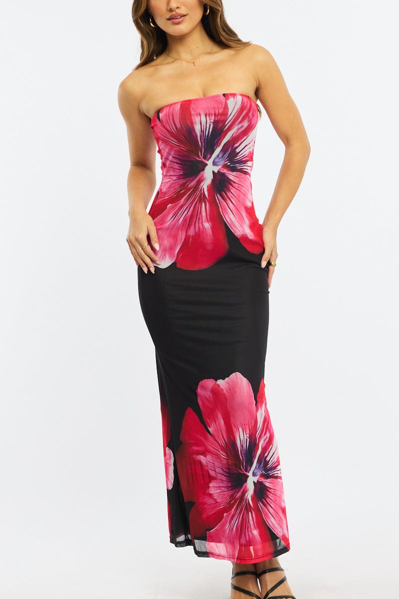 Black Floral Strapless Maxi Dress for Ally Fashion
