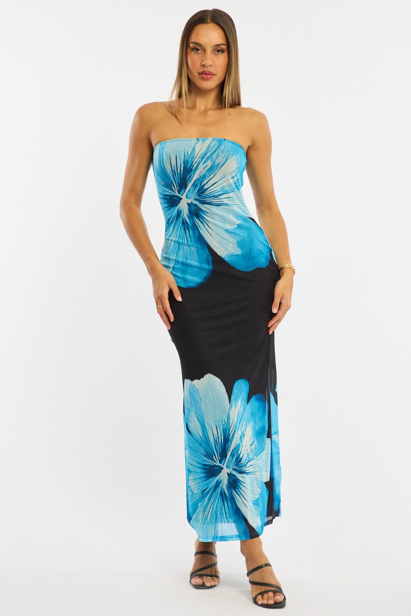 Blue Floral Strapless Maxi Dress for Ally Fashion