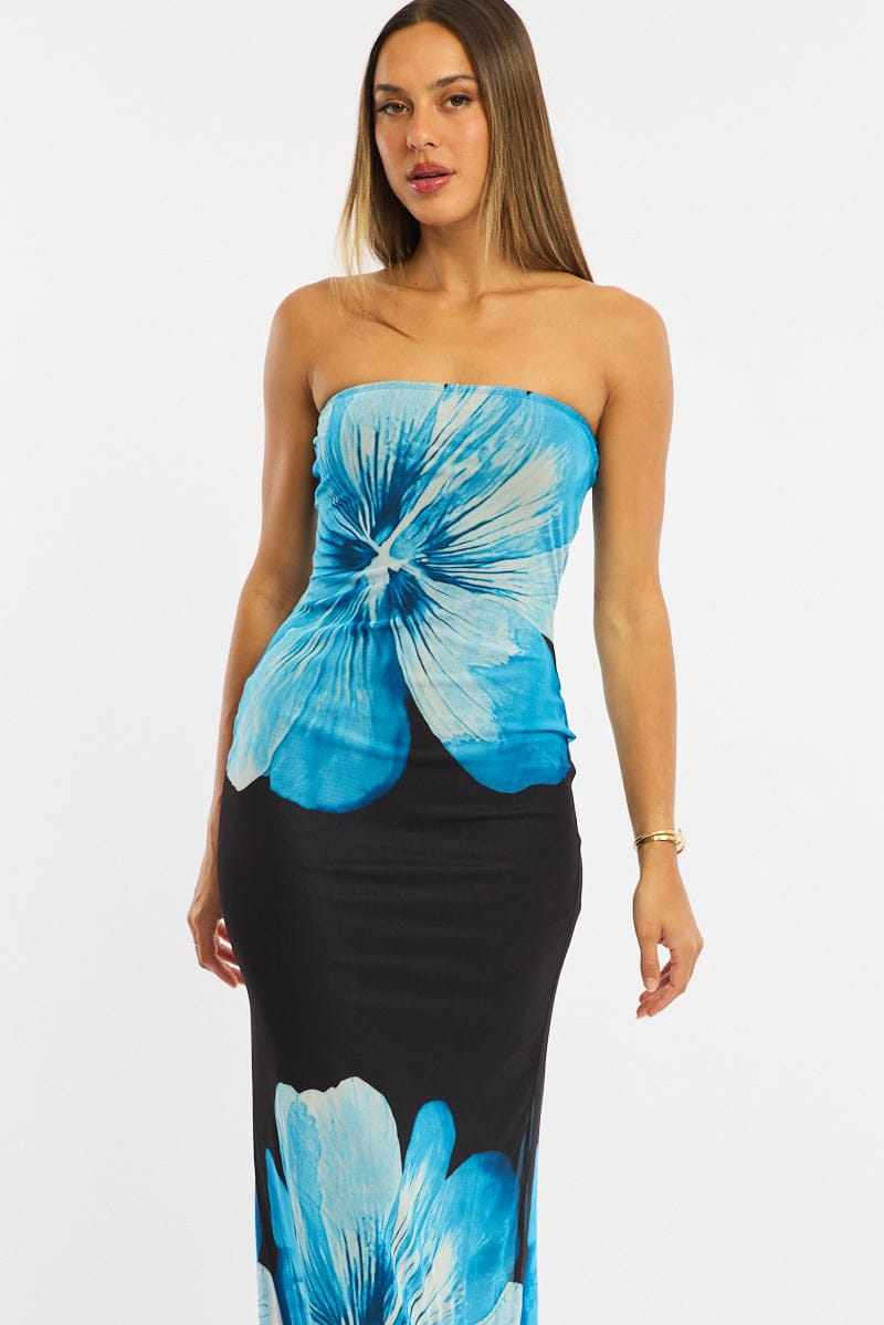 Blue Floral Strapless Maxi Dress for Ally Fashion
