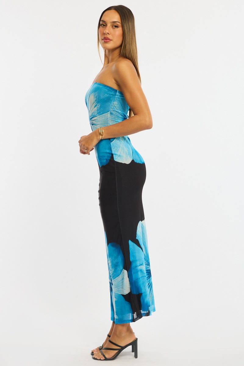Blue Floral Strapless Maxi Dress for Ally Fashion