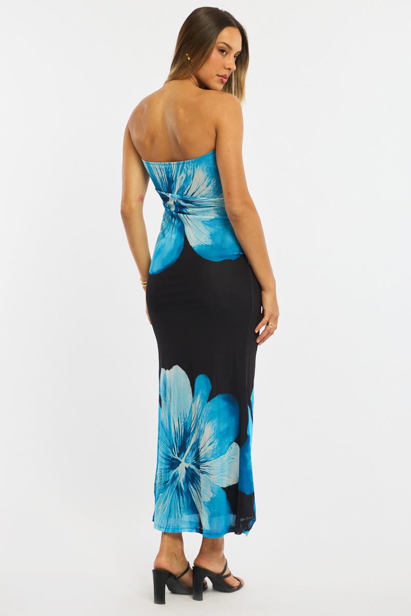 Blue Floral Strapless Maxi Dress for Ally Fashion