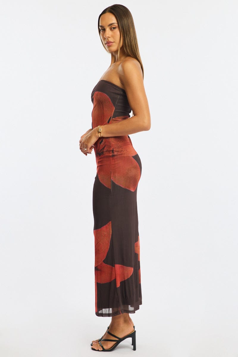 Brown Floral Strapless Maxi Dress for Ally Fashion