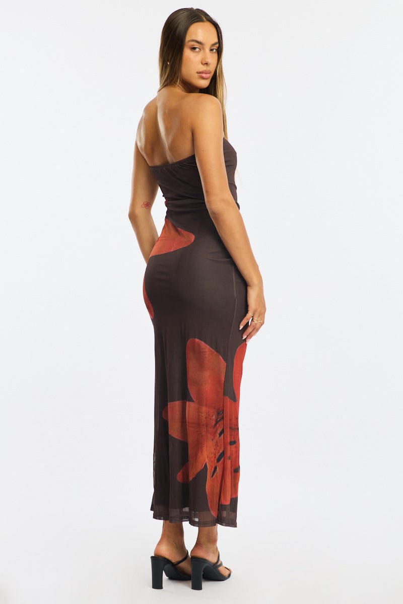 Brown Floral Strapless Maxi Dress for Ally Fashion