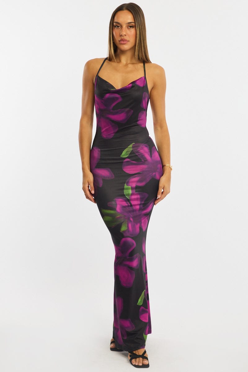 Black Floral Maxi Dress Strappy for Ally Fashion