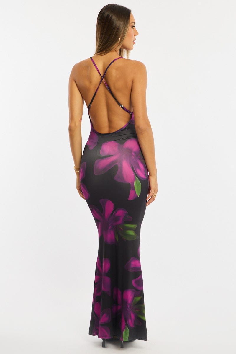 Black Floral Maxi Dress Strappy for Ally Fashion