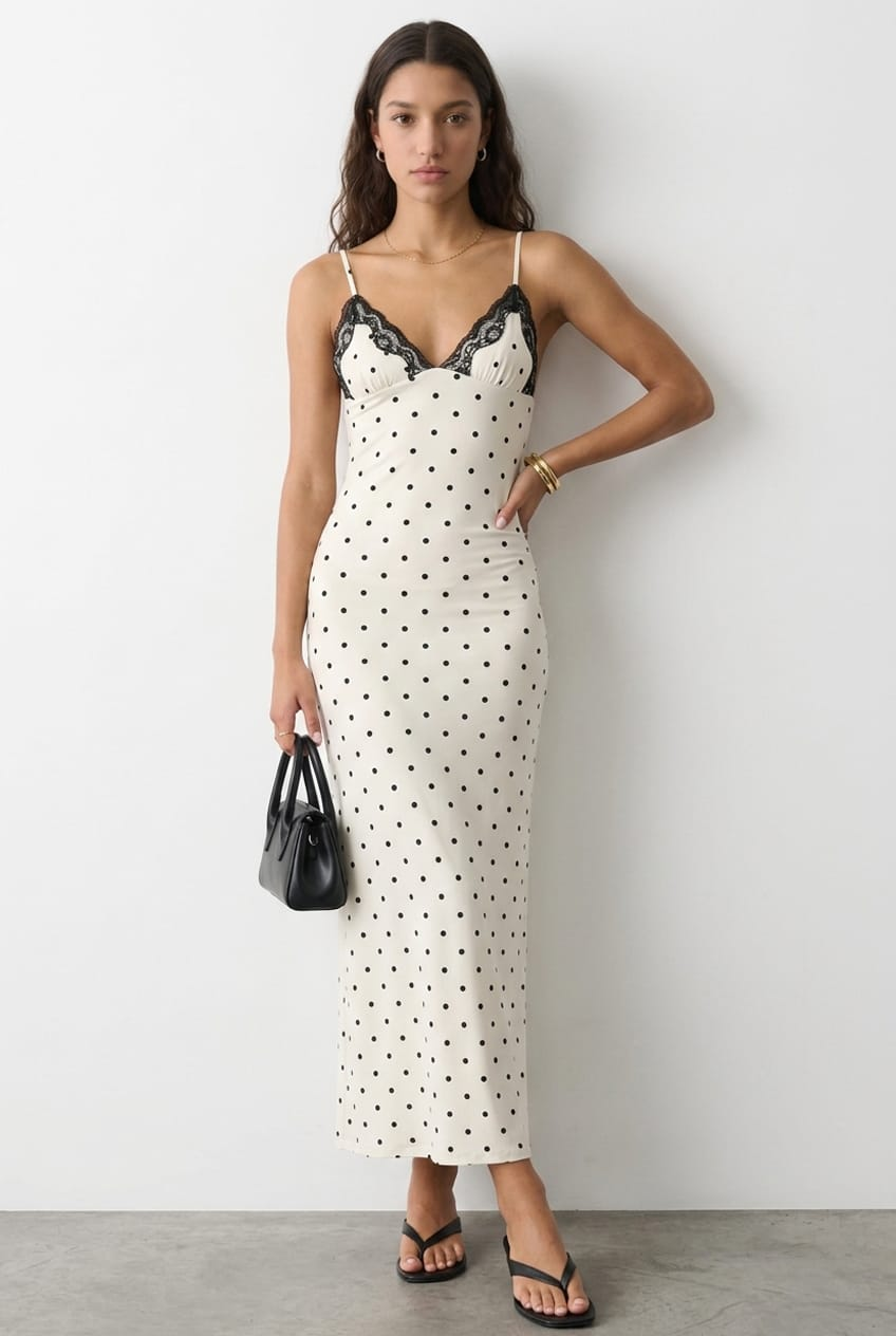 White Polka Dot Maxi Dress Lace Bust for Ally Fashion