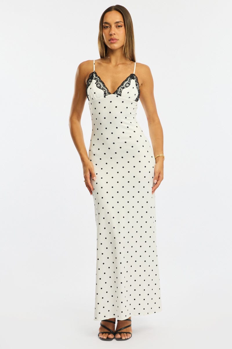 White Polka Dot Maxi Dress Lace Bust | Ally Fashion White Polka Dot Maxi Dress Lace Bust | Ally Fashion