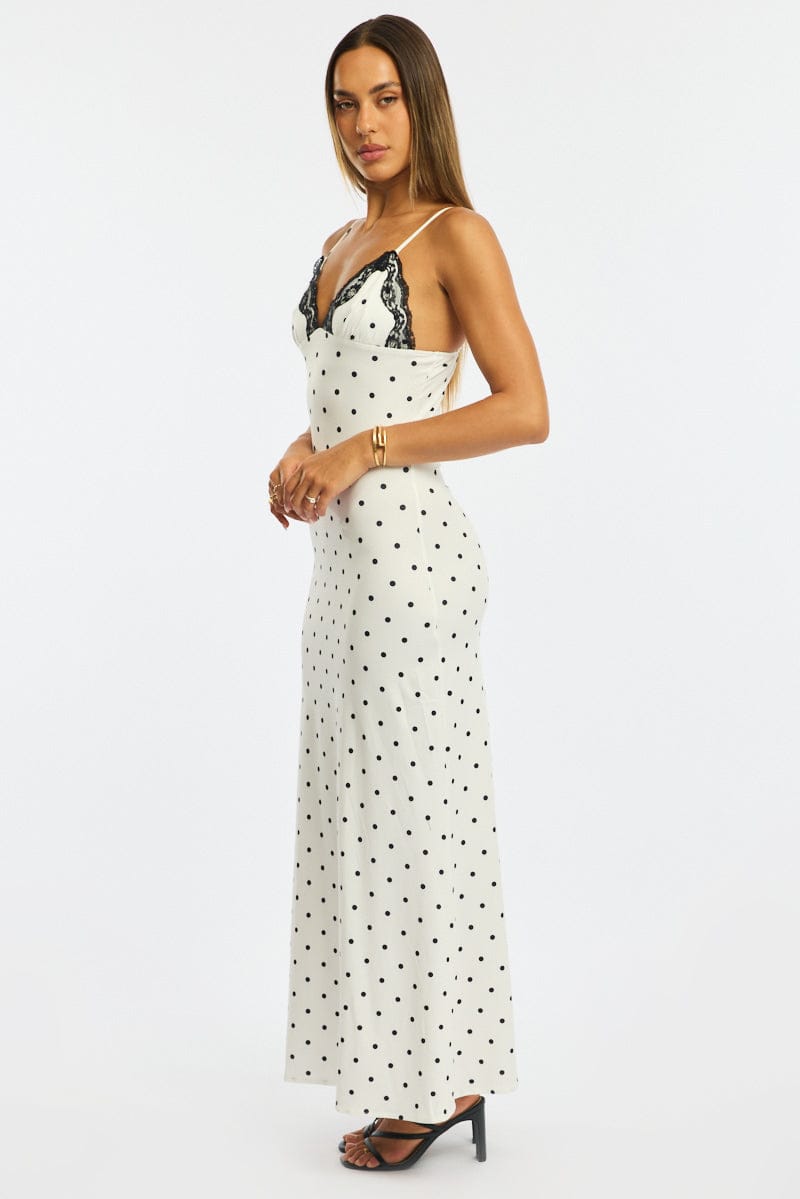 White Polka Dot Maxi Dress Lace Bust for Ally Fashion