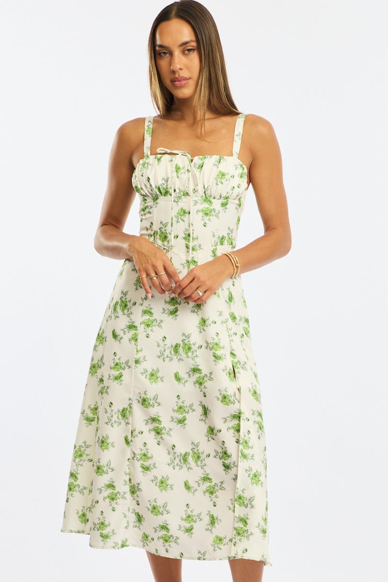 Green Floral Midi Dress Gathered Bust for Ally Fashion