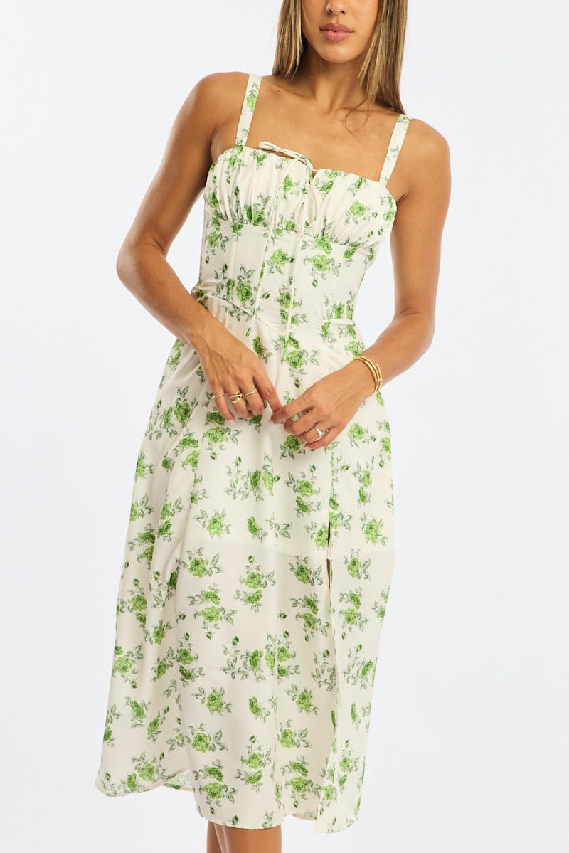 Green Floral Midi Dress Gathered Bust for Ally Fashion
