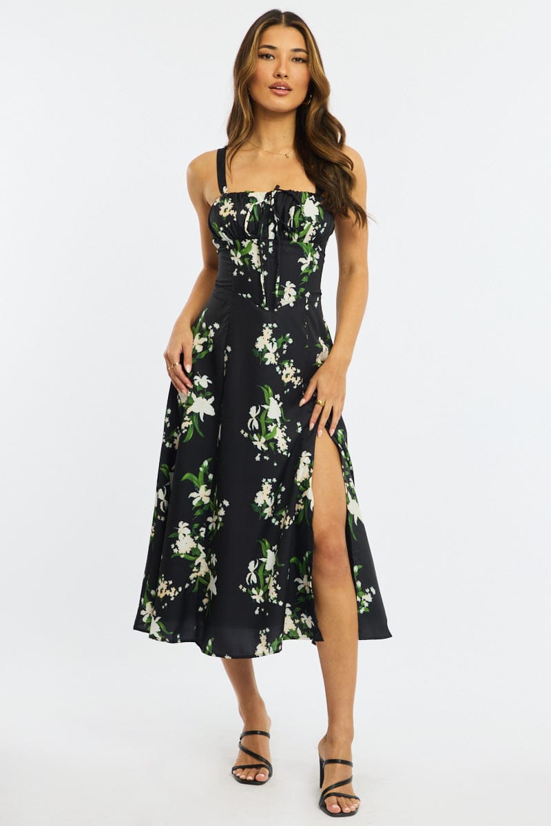 Black Floral Midi Dress Gathered Bust for Ally Fashion