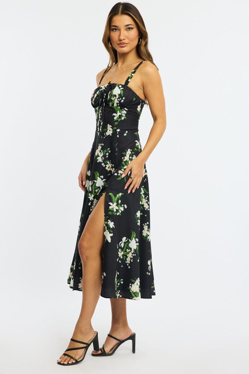 Black Floral Midi Dress Gathered Bust for Ally Fashion