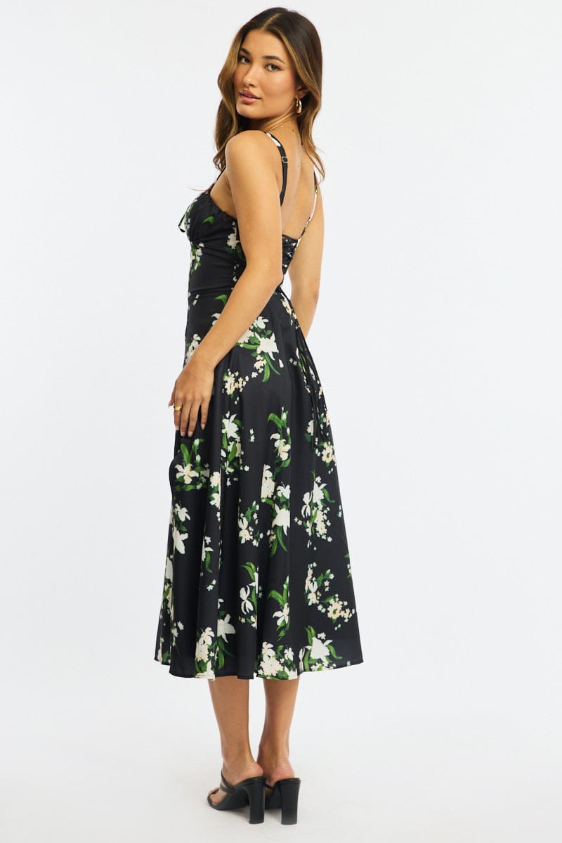 Black Floral Midi Dress Gathered Bust for Ally Fashion