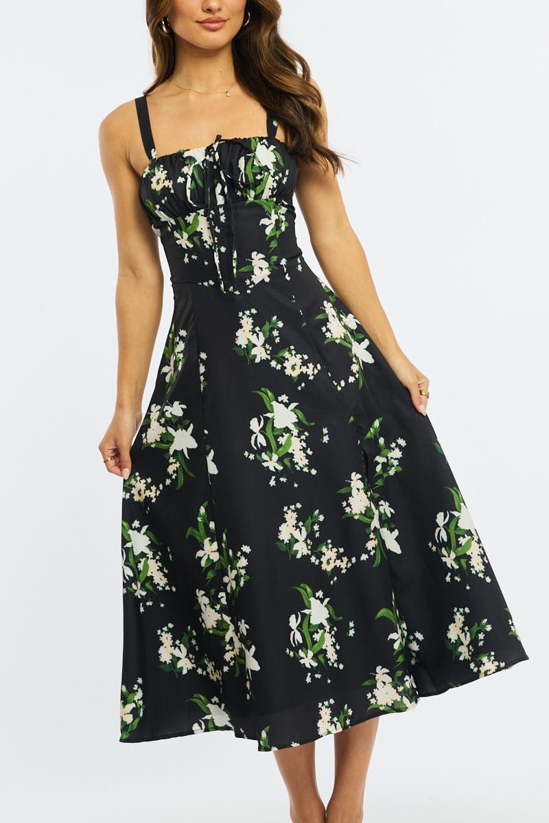 Black Floral Midi Dress Gathered Bust for Ally Fashion