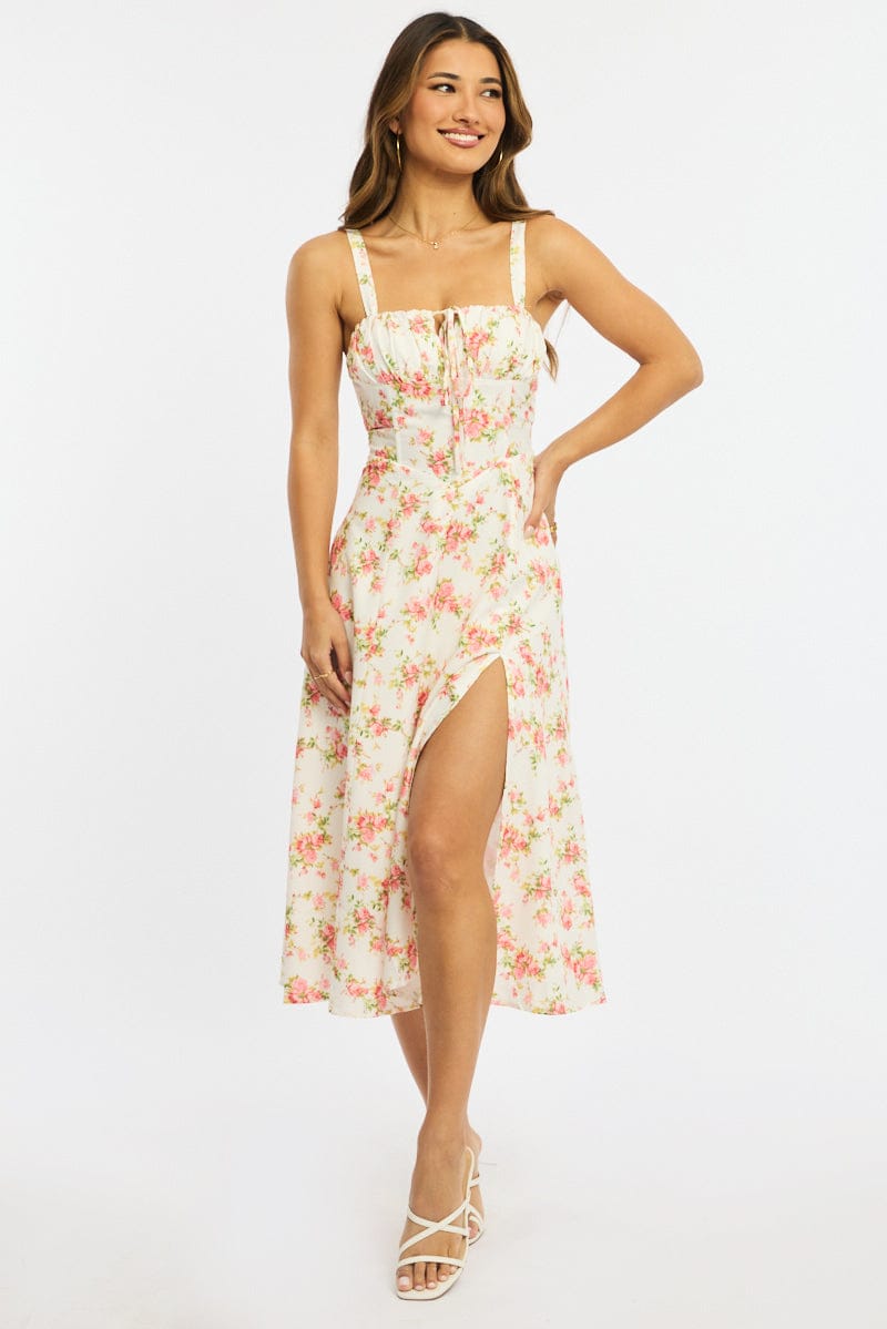 Ally Fashion Pink Floral Midi Dress (Style Code ED5365-51PB) with gathered bust, corset-look bodice and side split
