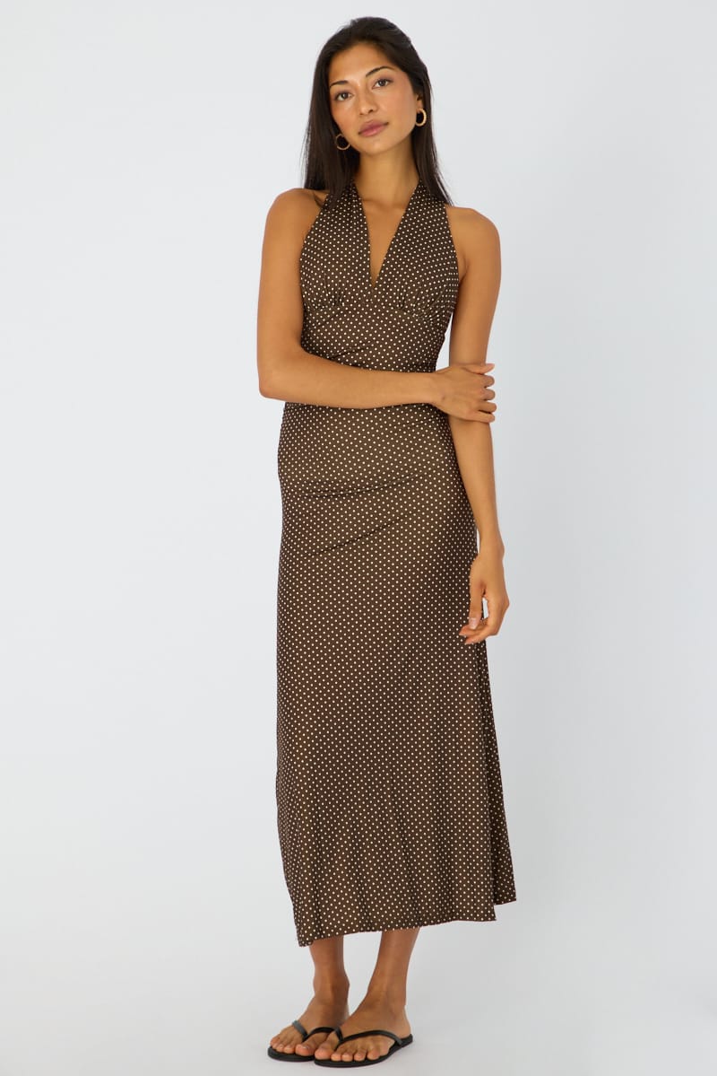 Brown Polka Dot Halter Neck Midi Dress for Ally Fashion