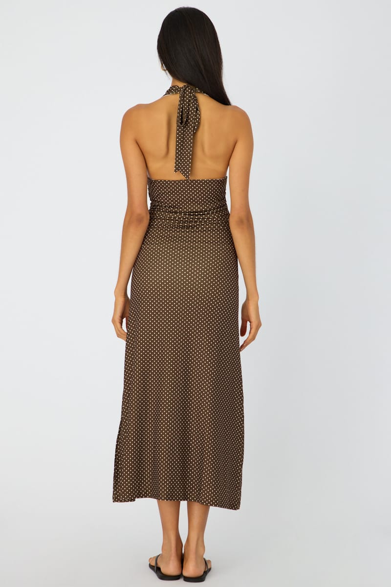Brown Polka Dot Halter Neck Midi Dress