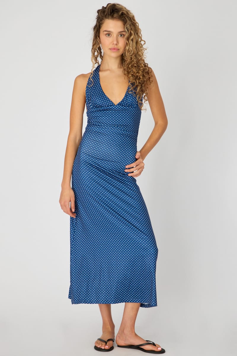 Blue Polka Dot Halter Neck Midi Dress for Ally Fashion