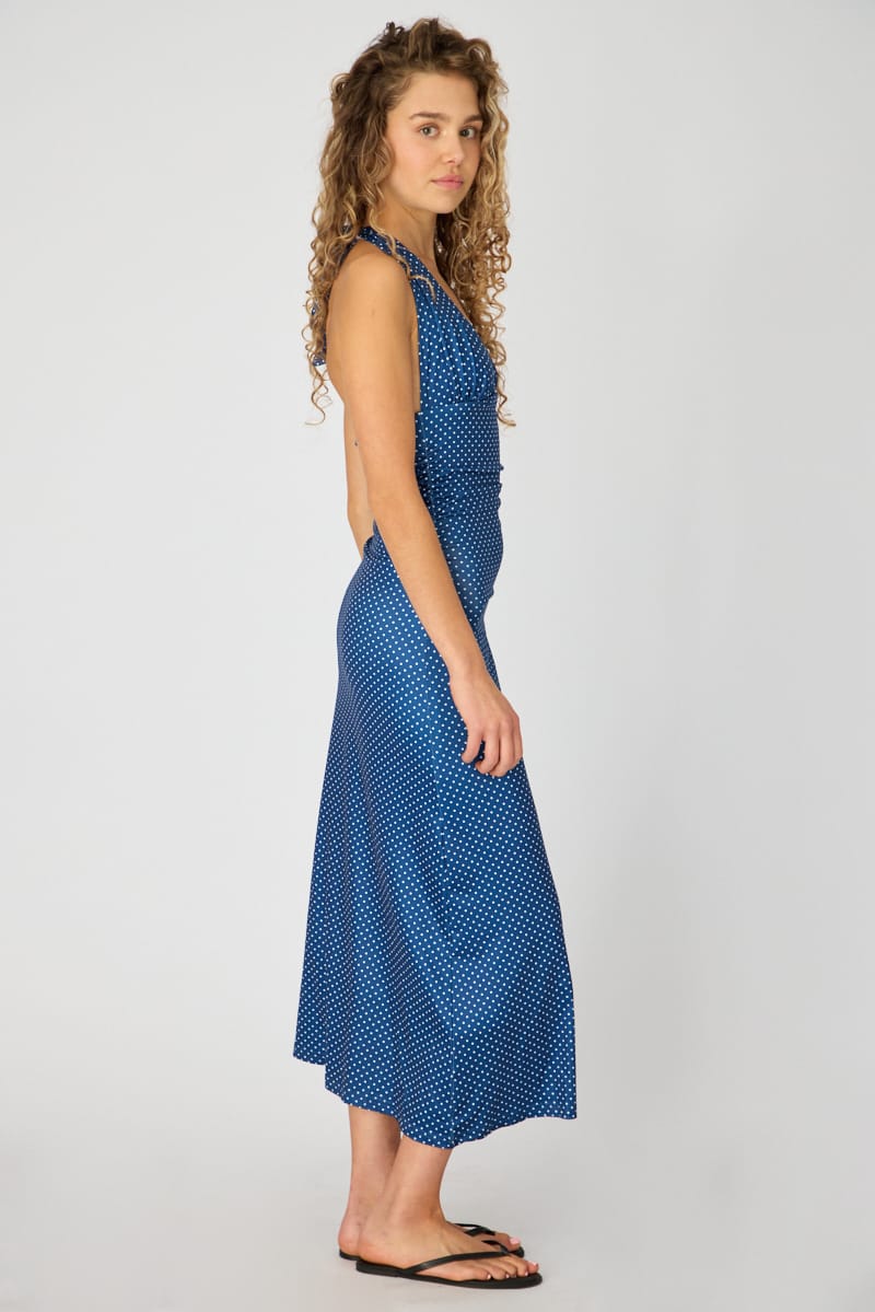 Blue Polka Dot Halter Neck Midi Dress for Ally Fashion