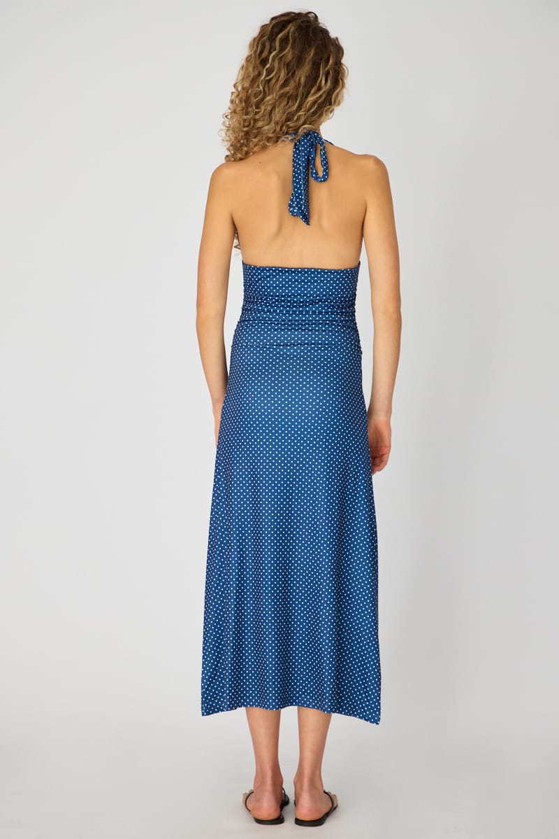 Blue Polka Dot Halter Neck Midi Dress for Ally Fashion