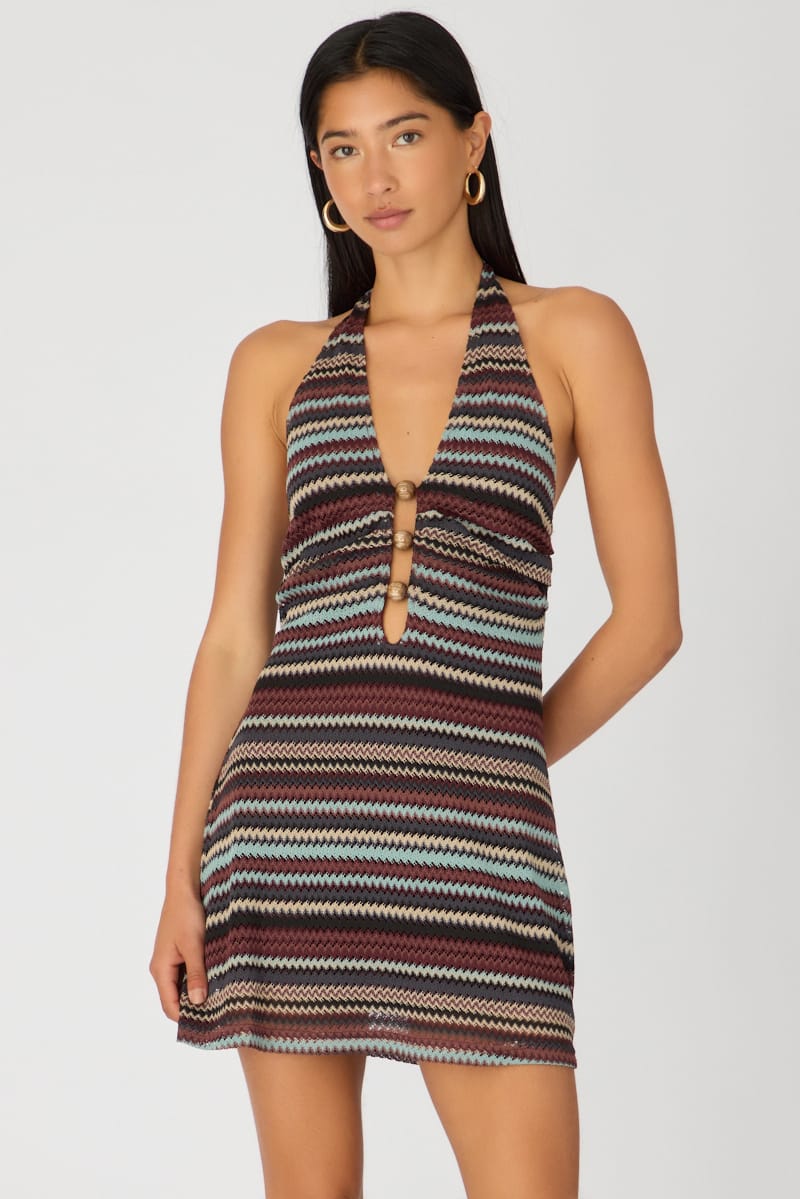 Multi Stripe Mini Dress Beading Detail for Ally Fashion
