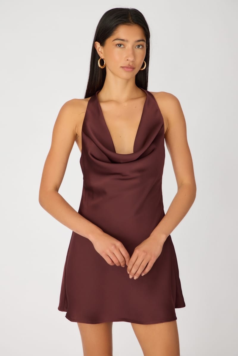 Brown Cowl Neck Mini Dress Satin for Ally Fashion