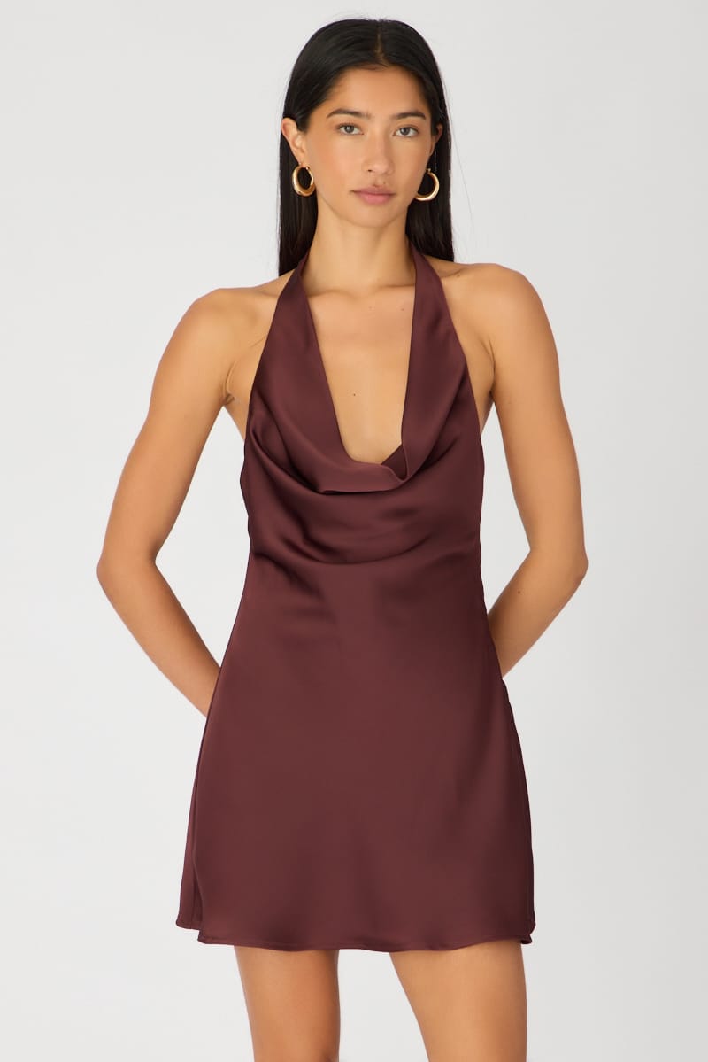Brown Cowl Neck Mini Dress Satin for Ally Fashion