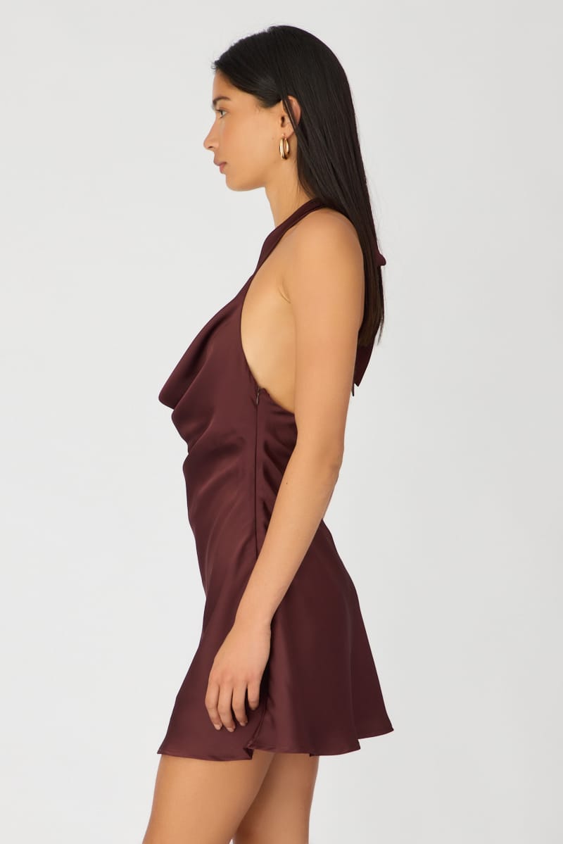 Brown Cowl Neck Mini Dress Satin for Ally Fashion