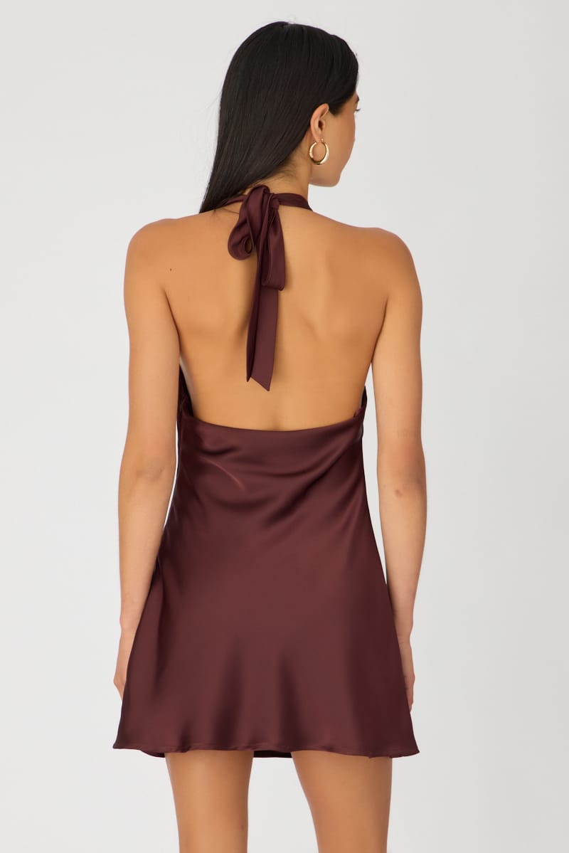 Brown Cowl Neck Mini Dress Satin for Ally Fashion