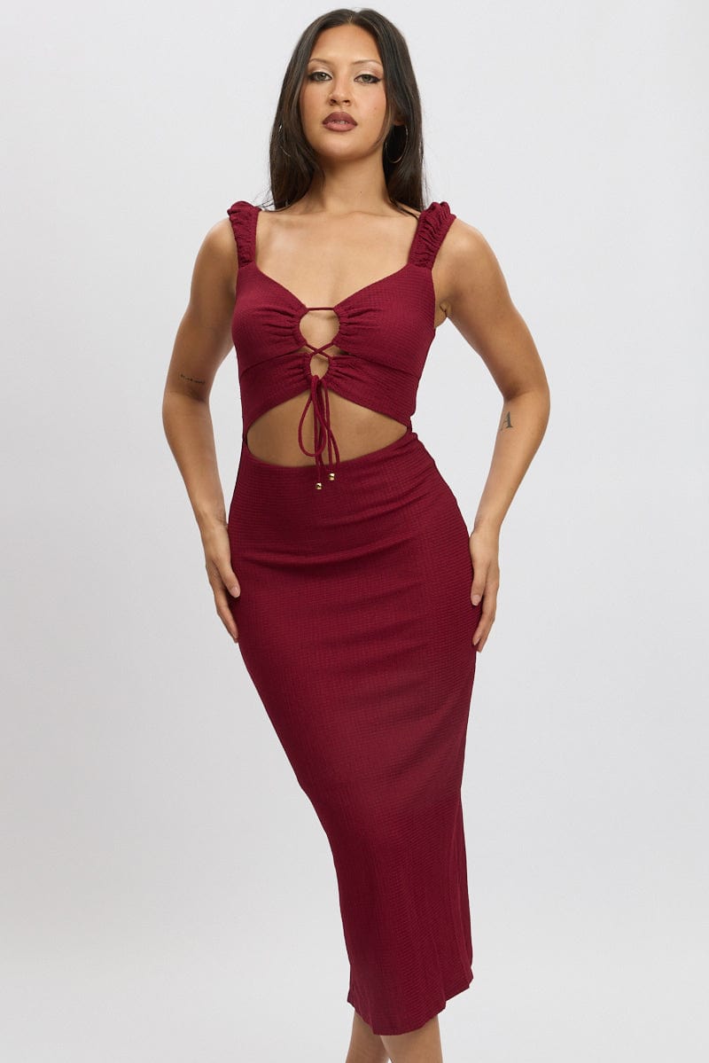 Red Bodycon Dress Textured Midi for Ally Fashion