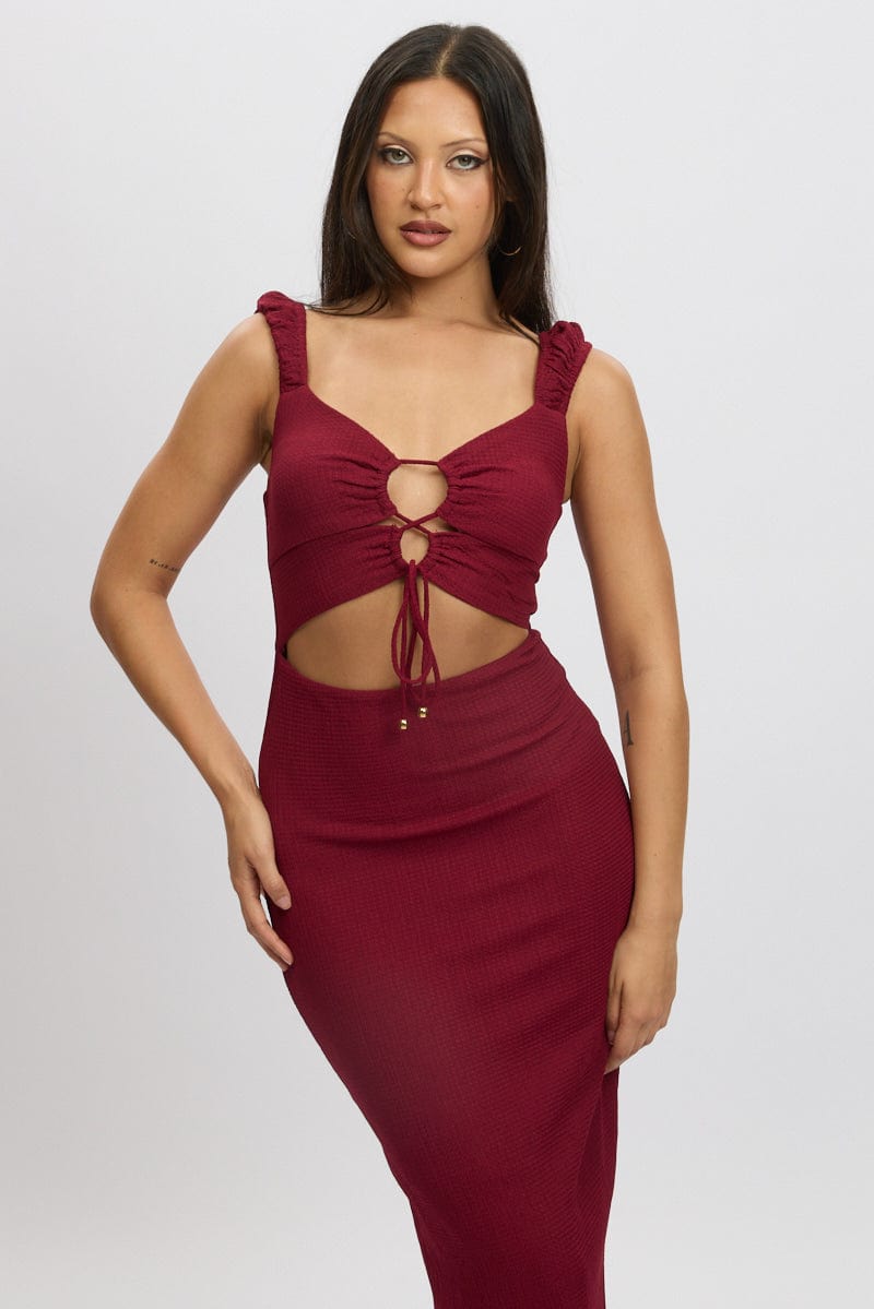 Red Bodycon Dress Textured Midi for Ally Fashion