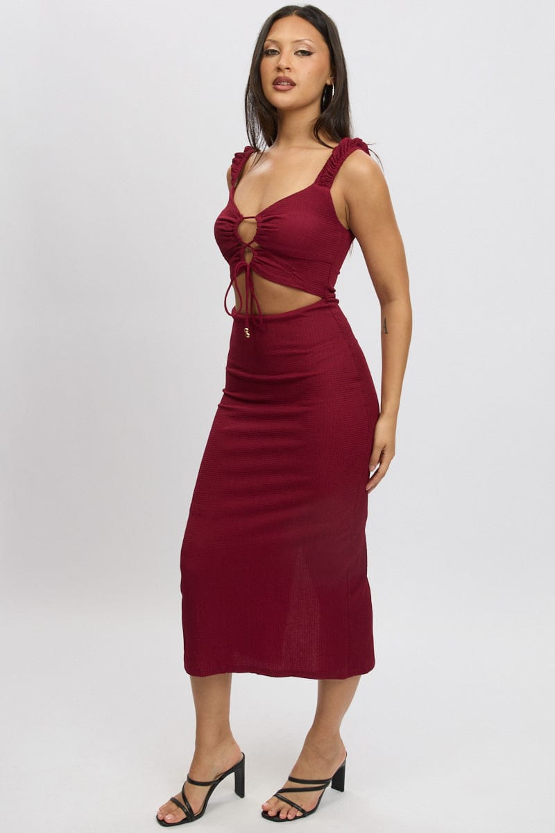 Red Bodycon Dress Textured Midi for Ally Fashion