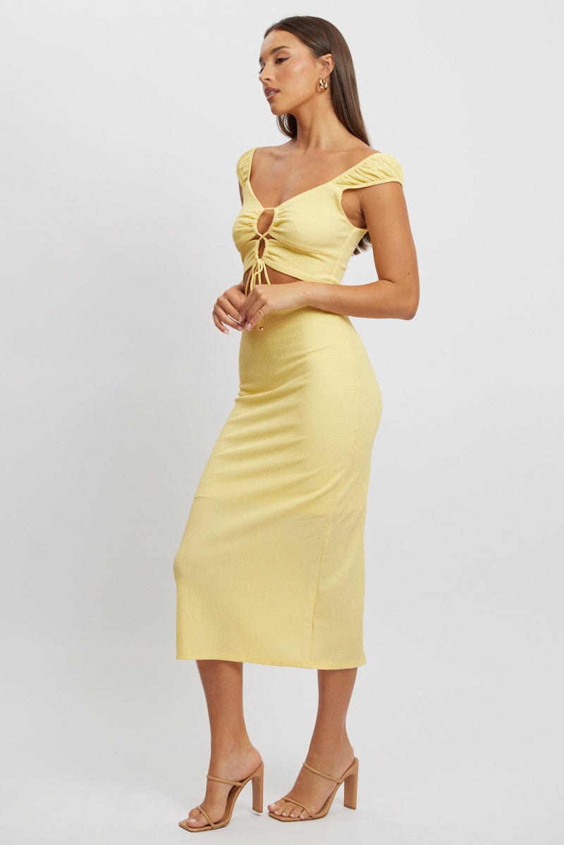 Yellow Bodycon Dress Textured Midi | Ally Fashion Yellow Bodycon Dress Textured Midi | Ally Fashion