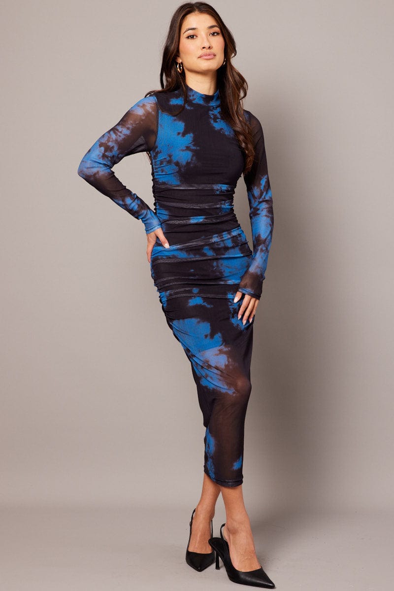 Blue Abstract Bodycon Dress Long Sleeve Mesh for Ally Fashion
