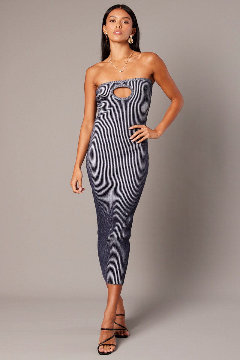 Blue Knit Dress Key Hole Front Bandeau Midi for Ally Fashion