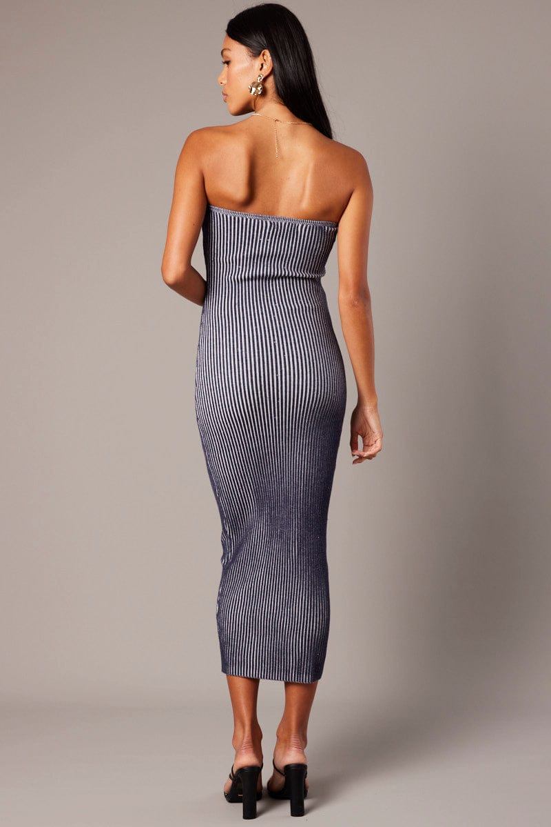 Blue Knit Dress Key Hole Front Bandeau Midi for Ally Fashion