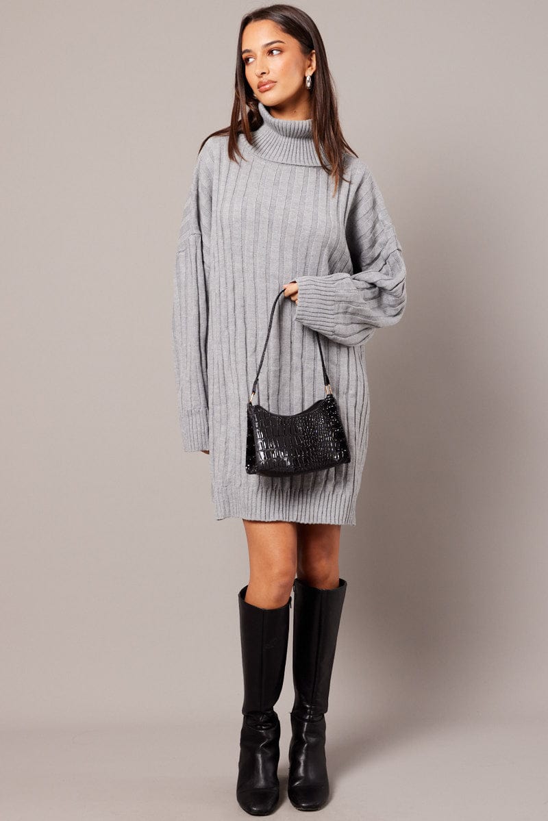 Grey Knit Dress Long Sleeve Jumper for Ally Fashion