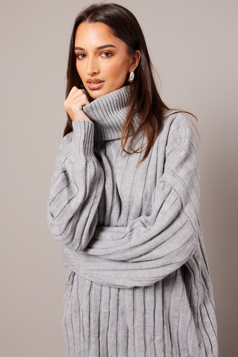 Grey Knit Dress Long Sleeve Jumper for Ally Fashion