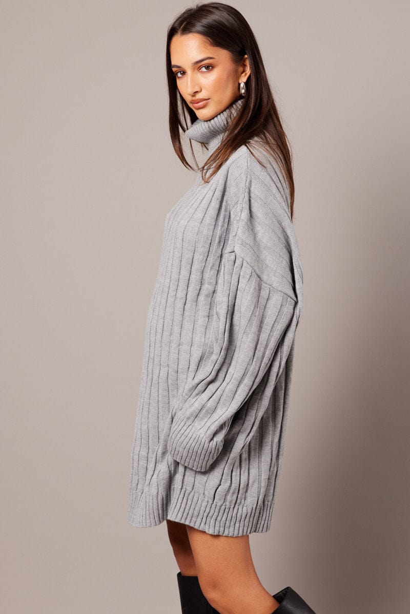 Grey Knit Dress Long Sleeve Jumper for Ally Fashion
